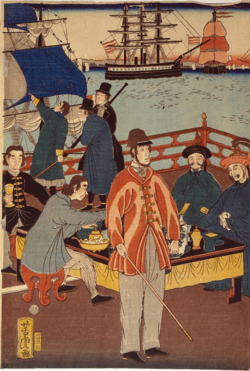 One print of triptych showing European merchants taking refreshment with Japanese. In the background are ships in Yokohama harbour, Japan by Japanese School