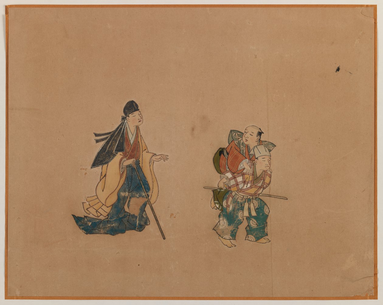 Samurai and Two Blindmen, Album Leaf Painting by Japanese School
