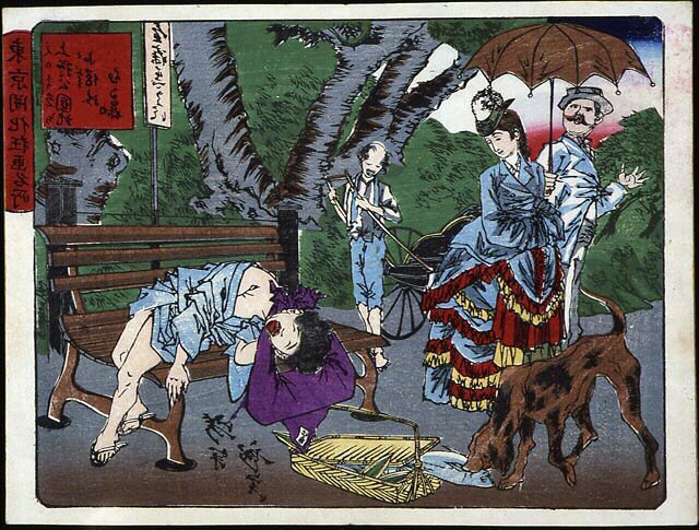 Scene in Ueno Park in Japan: A Child Courier Sleeps on a Bench and Gets Stolen from a Dog - Japanese Print by Japanese School