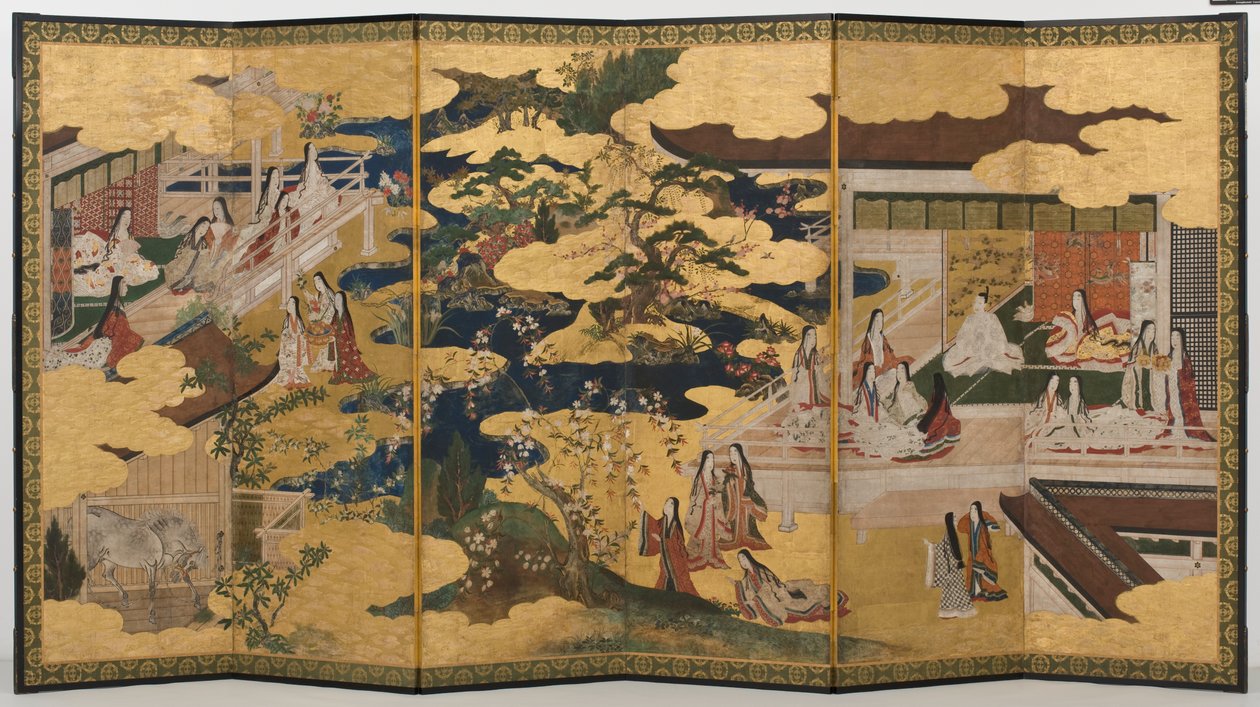 Spring in the Palace, Six-Fold Screen from The Tale of Genji, c.1650 by Japanese School