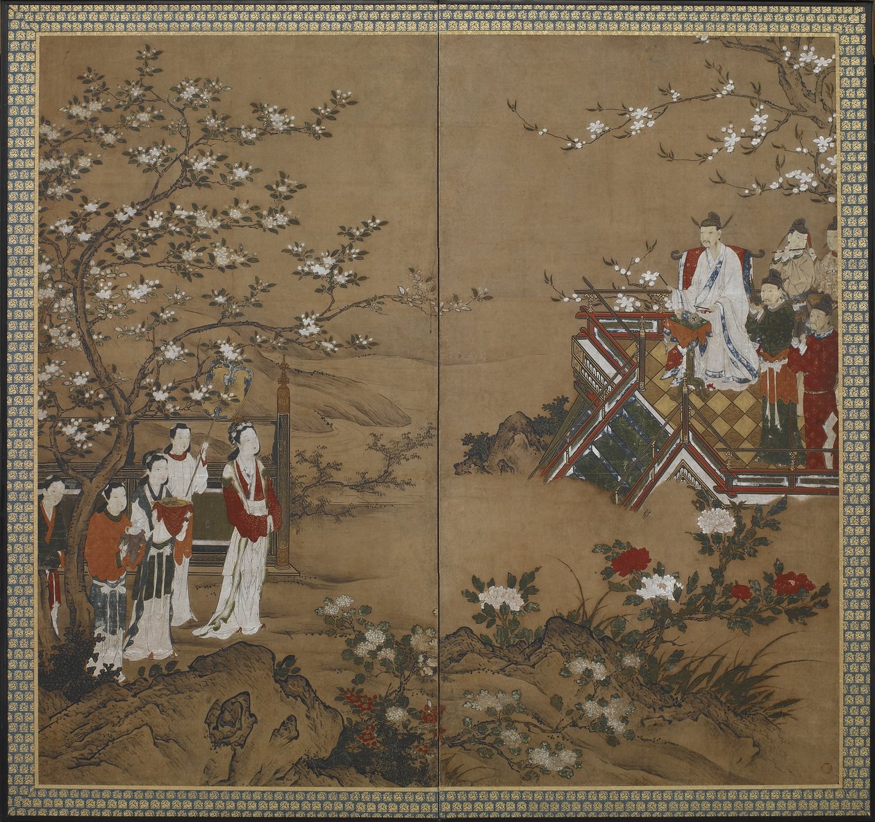 The Chinese Emperor Ming Huang and his concubine Yang Kuei-fei playing and singing to make the flowers bloom, Edo period by Japanese School