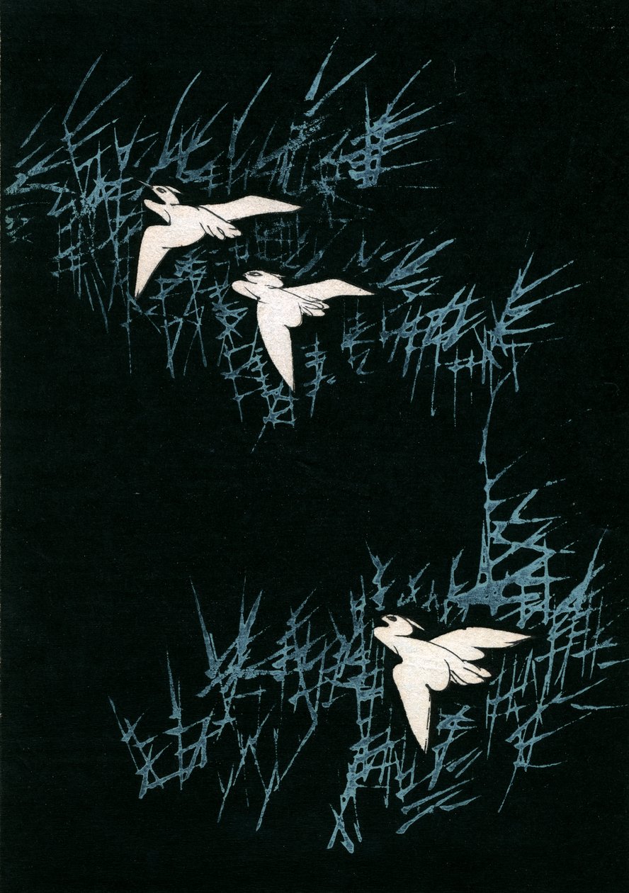 Three Cranes in a Black Landscape by Japanese School