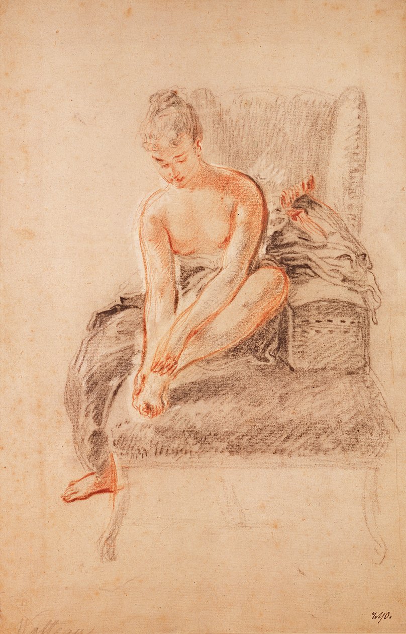Semi-nude woman seated on a chaise longue, holding her foot by Jean Antoine Watteau