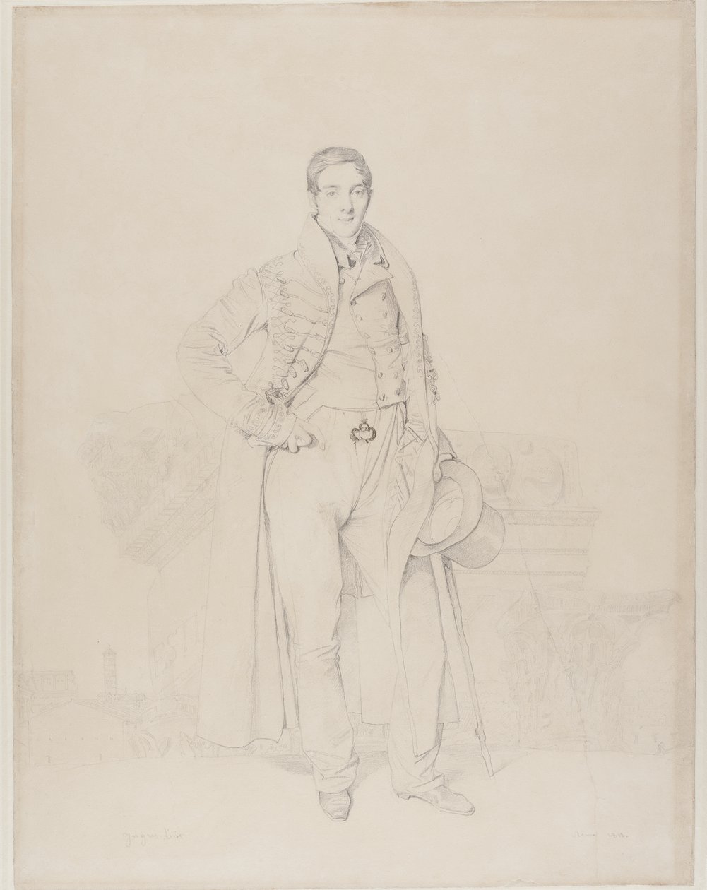 Portrait of the Architect Alexandre Bénard, full length, with fragments of classical capitals, the Roman Forum beyond by Jean Auguste Dominique Ingres