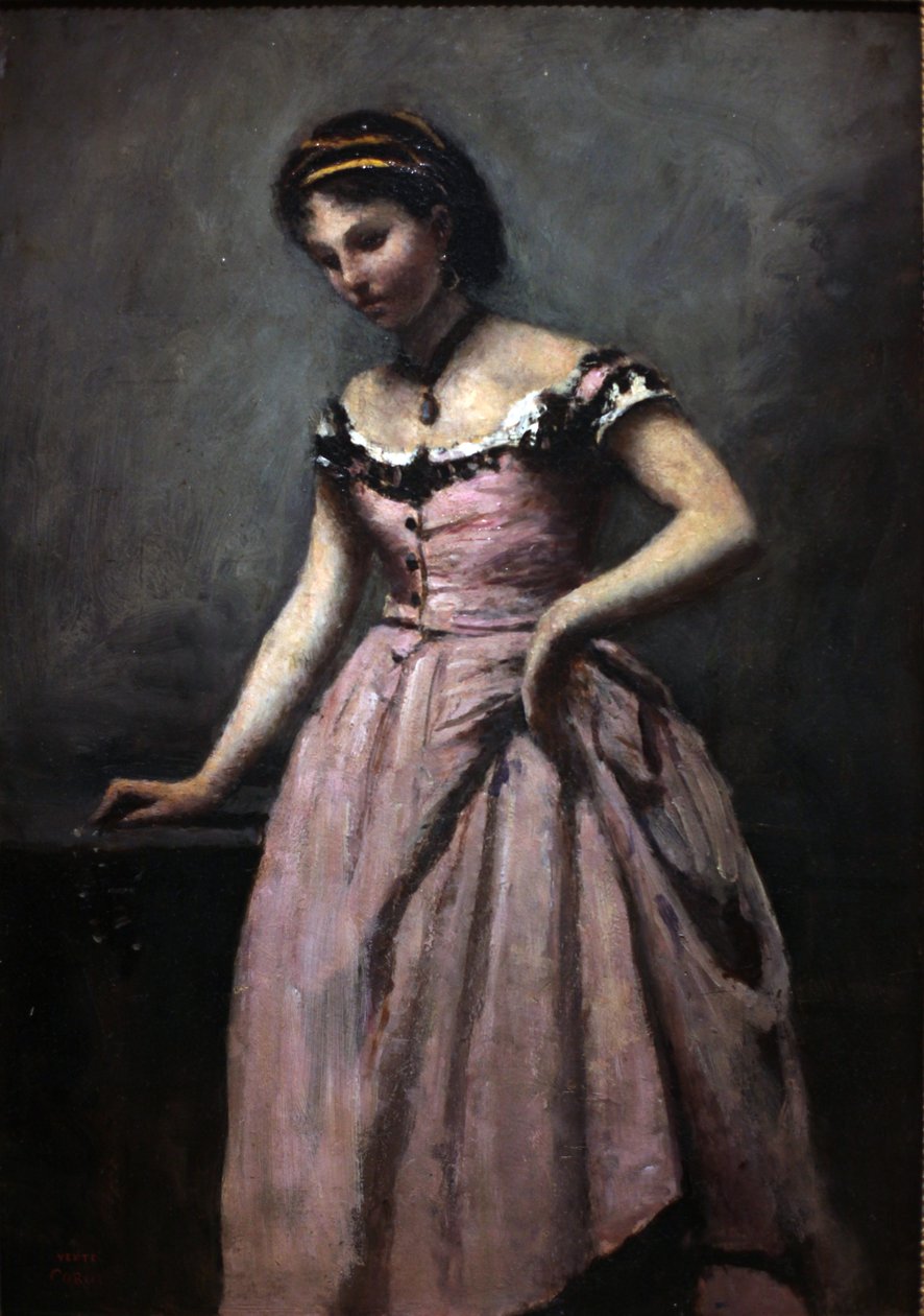 Young Woman in Pink Dress by Jean Baptiste Camille Corot