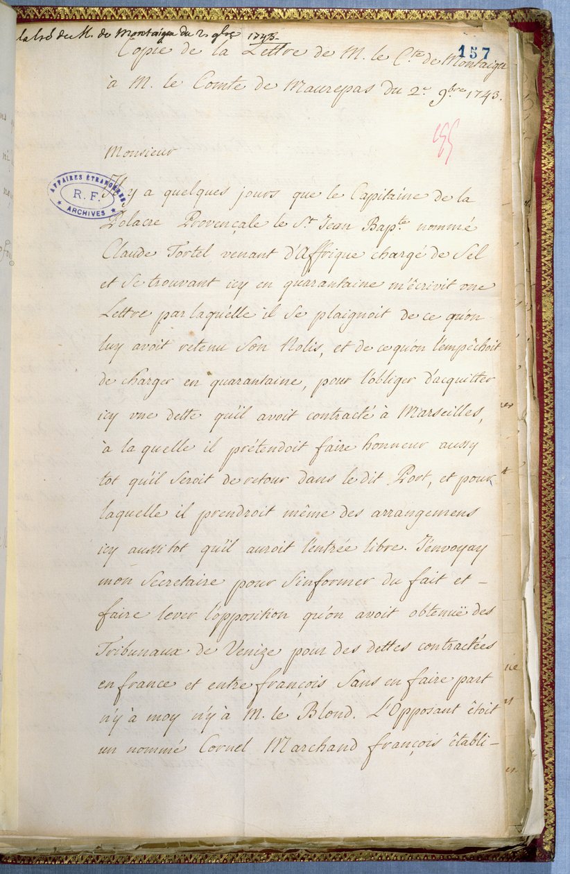 Letter written by Jean-Jacques Rousseau while secretary to the French Ambassador in Venice, October 1743 by Jean Jacques Rousseau