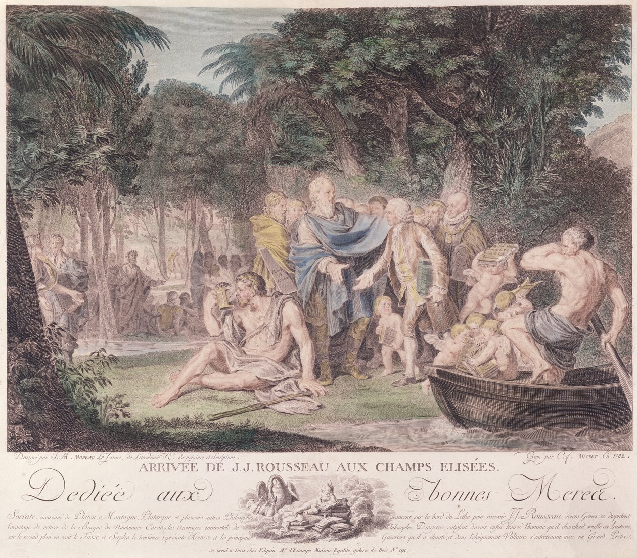 Arrival of Jean-Jacques Rousseau (1712-78) in the Elysian Fields, 1782 by Jean Michel the Younger Moreau