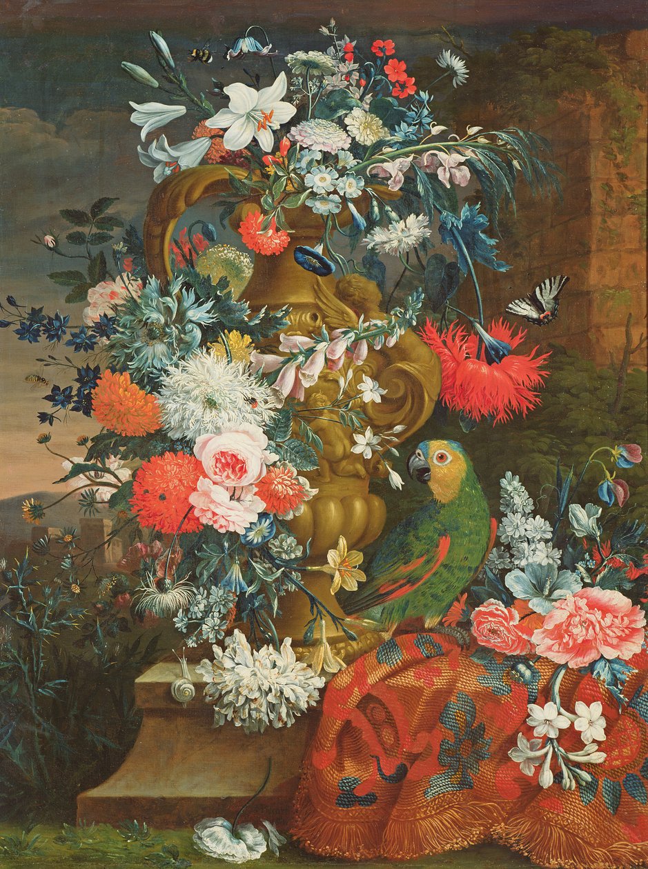 Bouquet of flowers and a parrot by Jean Picart
