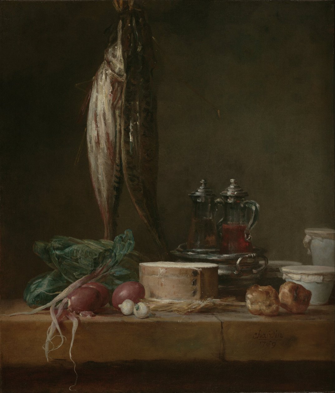Still Life with Fish, Vegetables, Gougères, Pots, and Cruets on a Table by Jean Baptiste Simeon Chardin
