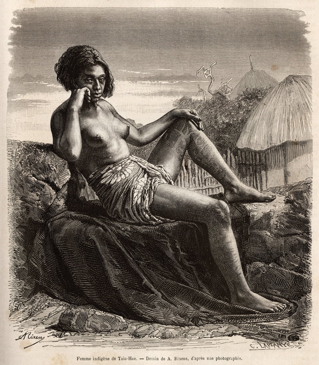 Native woman of Taio-Hae (or Taio Hae), in the archipelago of the Marquises, nonchalantly showing her tattooed legs, engraving after a drawing by A.Rixens illustrating the memories of the Pacific, in 1872-1874, by A.Pailhes, a ship sign, published in 