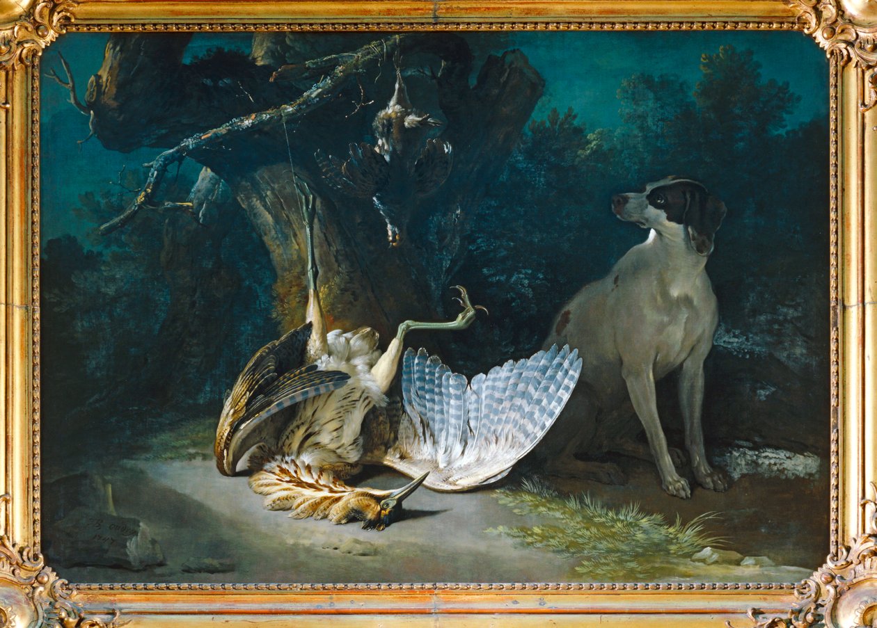 Bittern and Partridge Guarded by a White Dog by Jean-Baptiste (school of) Oudry