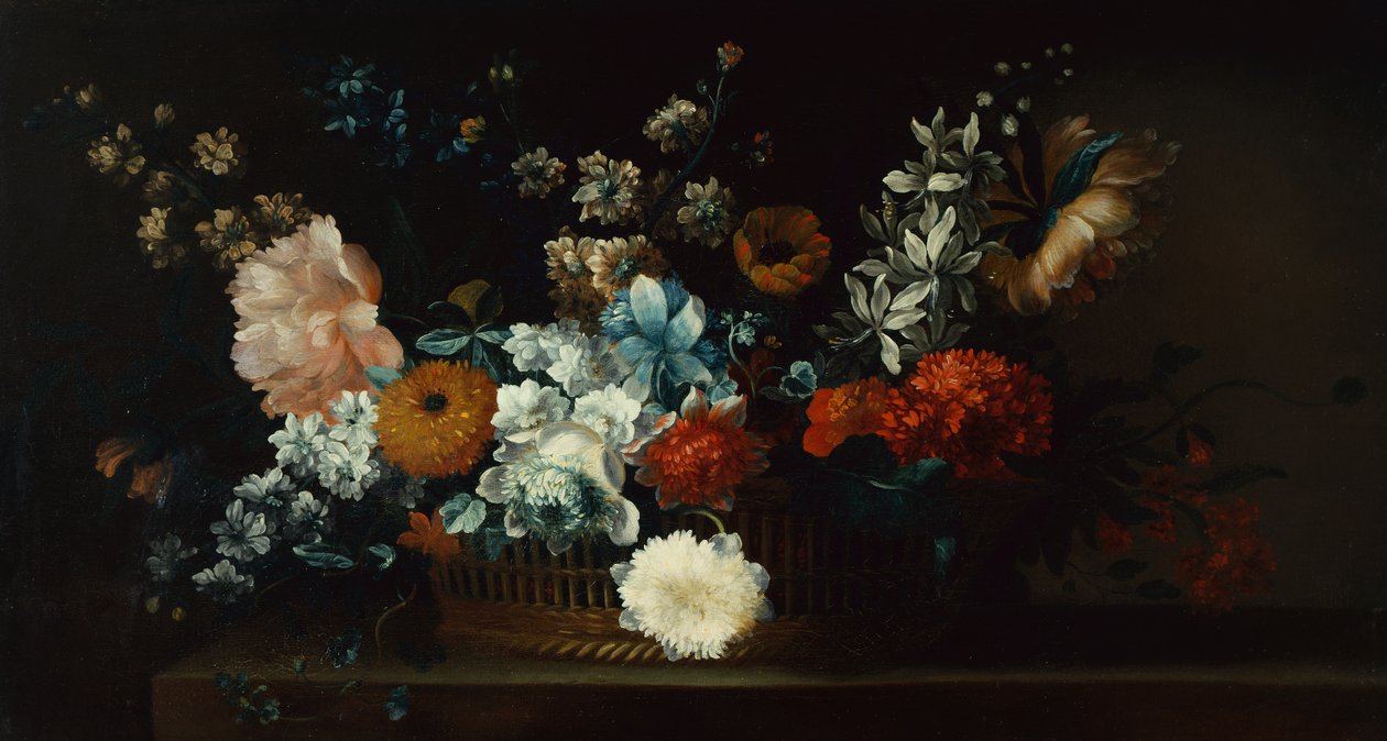 Peonies, Chrysanthemums and Other Flowers in a Basket by Jean Baptiste Belin de Fontenay