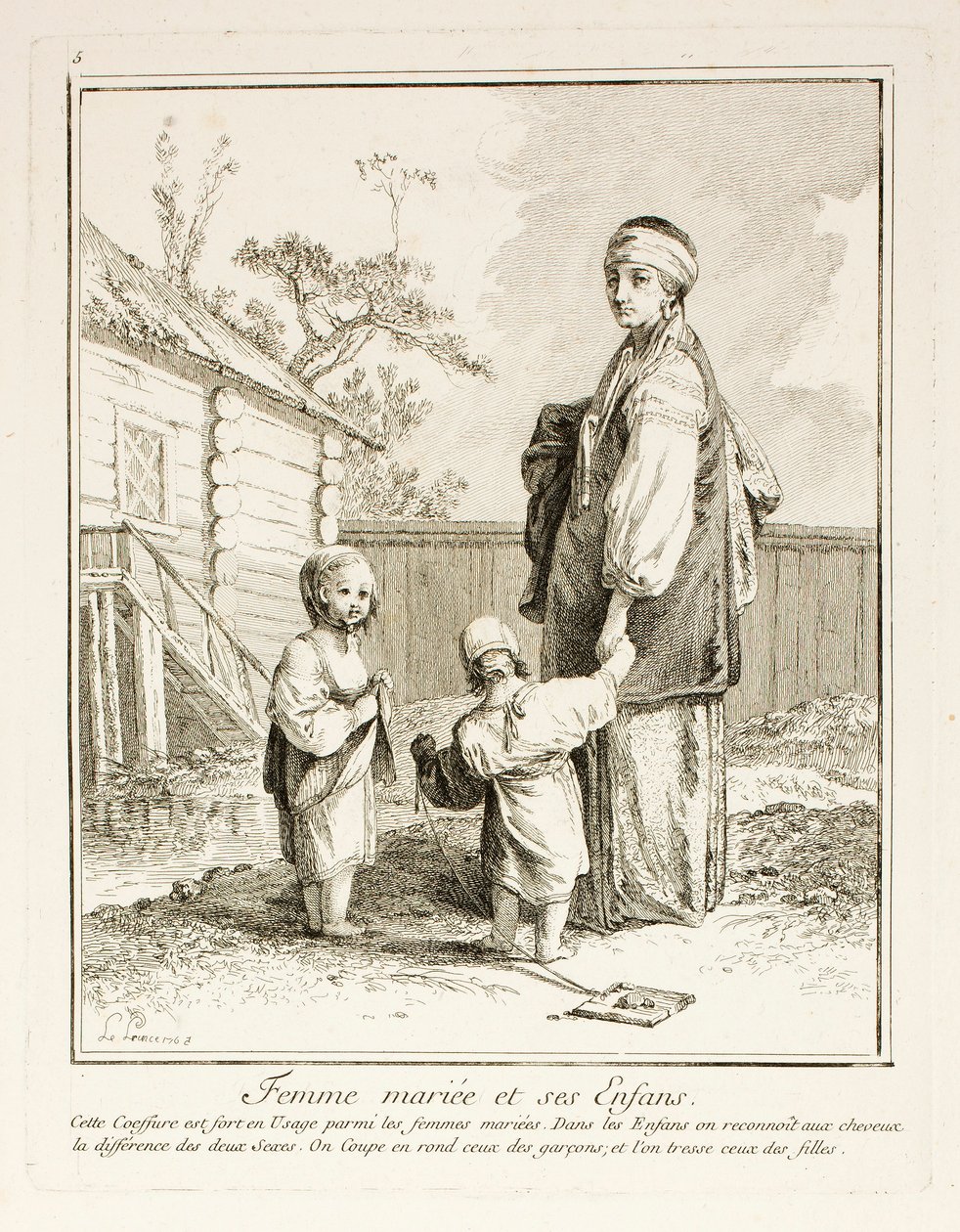 Married Woman and Her Children, Plate Five from Divers Habillements des Peuples du Nord by Jean-Baptiste Le Prince