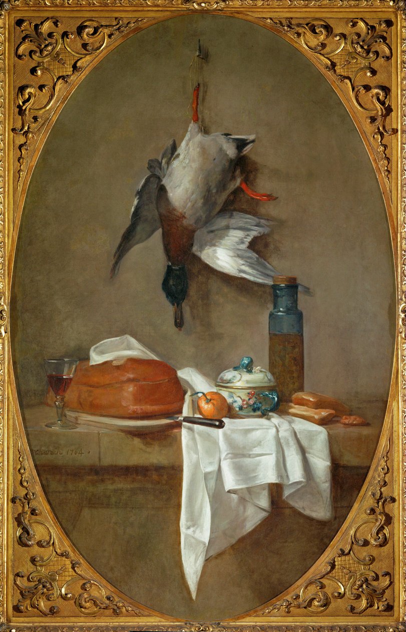 Duck Hung by a Leg, Pie, Bowl and Pot with Olives by Jean-Baptiste Simeon Chardin
