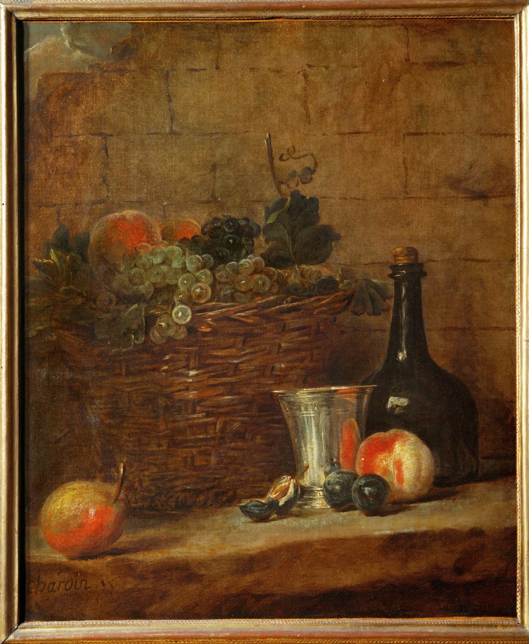 Fruit Basket with Grapes, a Silver Goblet and a Bottle, Peaches by Jean Baptiste Simeon Chardin