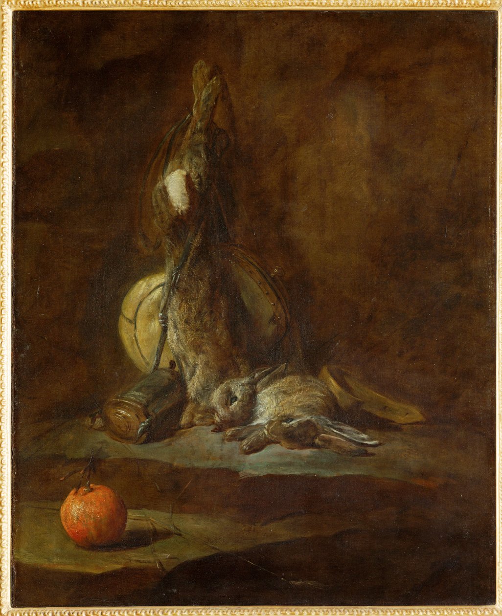 Two Dead Hares with Game-Bag, Powder Flask and Orange by Jean-Baptiste Simeon Chardin