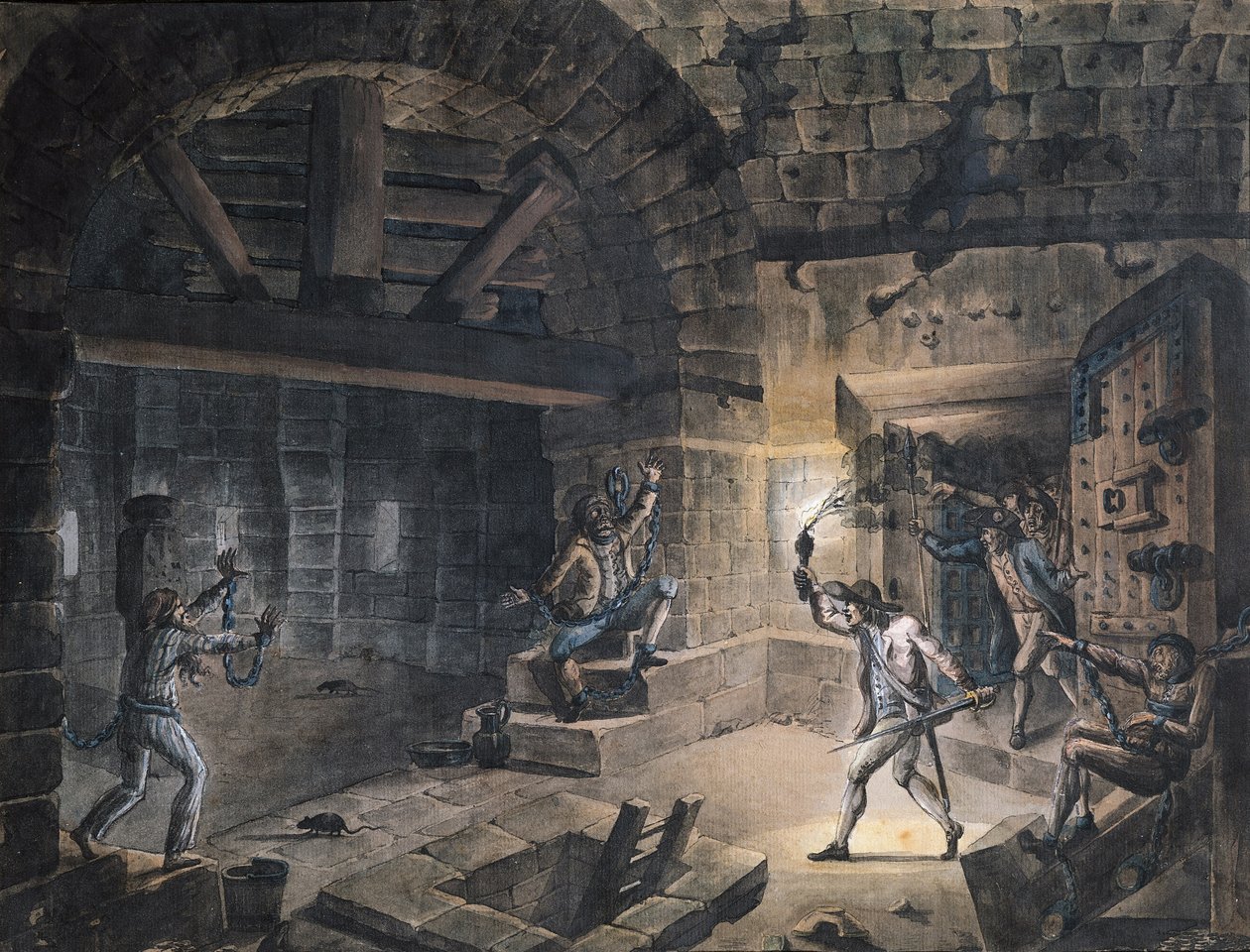 View of a Cell in the Bastille at the Moment of Releasing Prisoners on 14th July by Jean-Pierre Houel