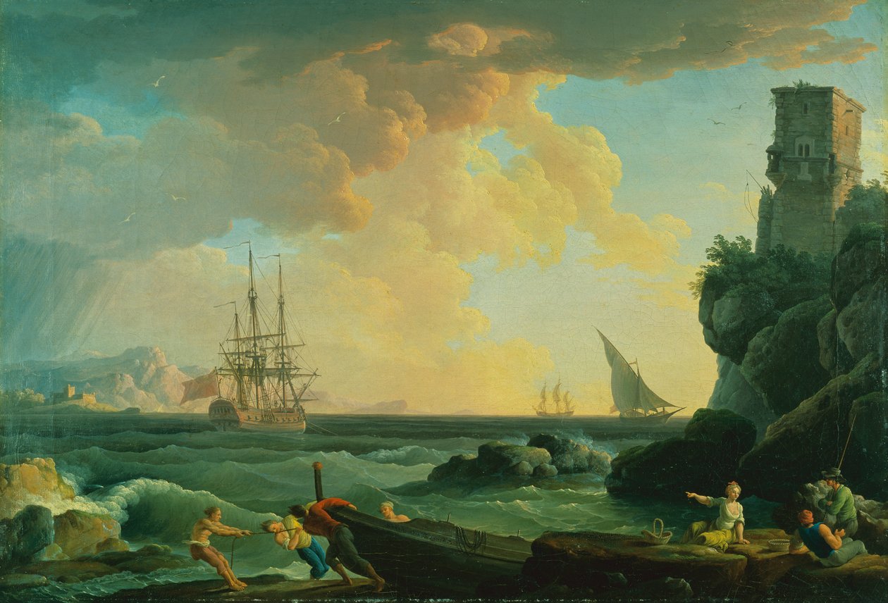 Mediterranean Harbour Scene with Fishermen by Jean (1734-1784) Henry