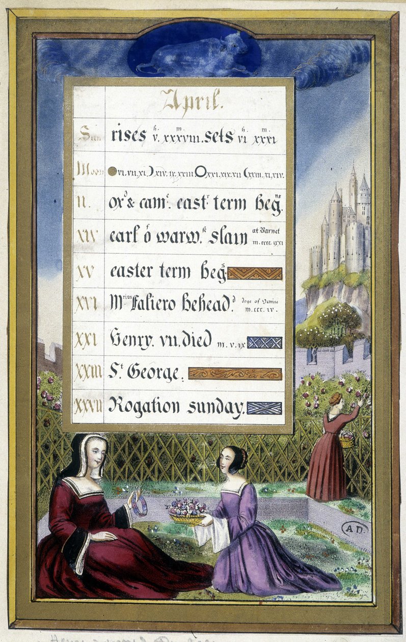 April: Ladies in a garden (Taurus) - facsimile of the Hours of Anne of Brittany, by Jean Bourdichon by Jean (after) Bourdichon