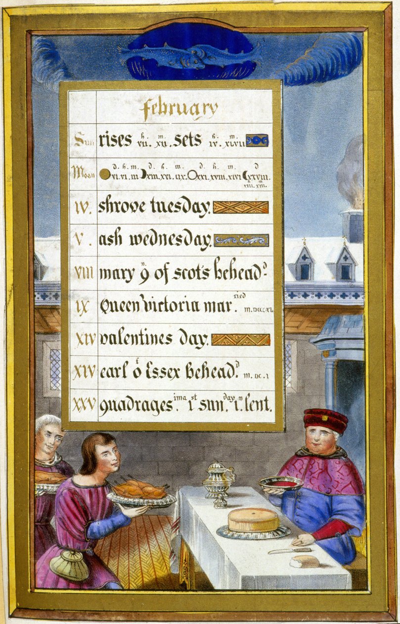 February: Meal Scene (Fish) - facsimile of the Hours of Anne of Brittany, by Jean Bourdichon by Jean (after) Bourdichon