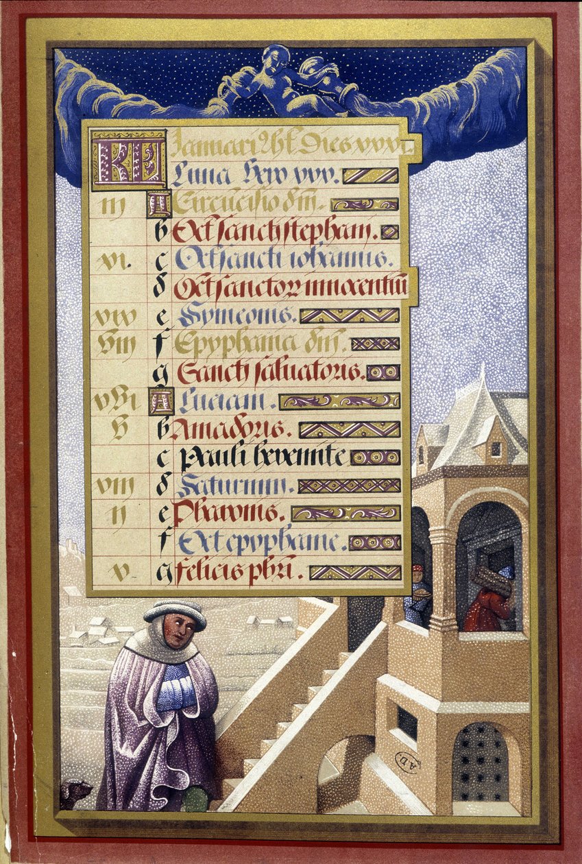 January: House in winter (Aquarius) - facsimile of the Hours of Anne of Brittany, by Jean Bourdichon by Jean (after) Bourdichon