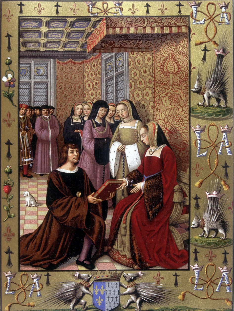 Jean Marot Offering His Book, Le Voyage de Genes, to Queen Anne of Brittany (After an Illumination by Jean Bourdichon, circa 1508) by Jean (after) Bourdichon