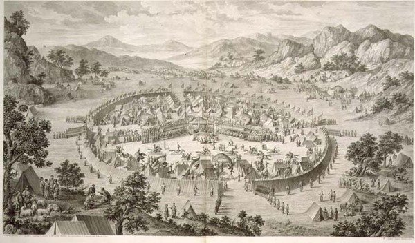 Tchao-Hoei Occupies his Troops with Exercises and Military Games in 1758, plate 5 from a series of prints representing the conquests of Qianlong, the Emperor of China, engraved by Pierre Philippe Choffard 1772 by Jean (d.1781) (after) Damascene