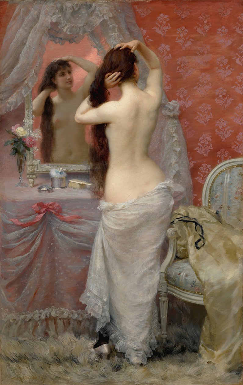 Young Nude Woman Combing Her Hair Indoors by Jean Andre Rixens