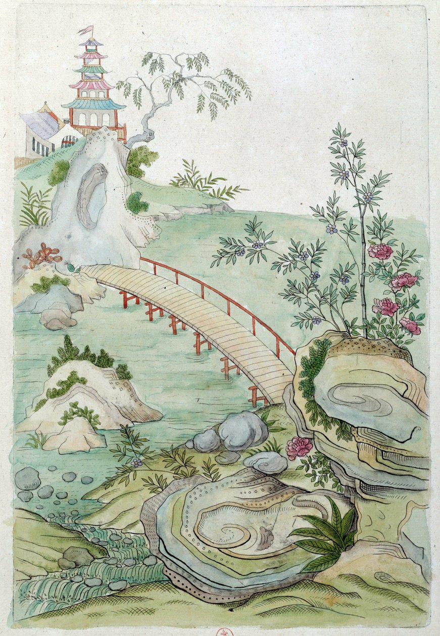 Drawing from a Chinese vase: landscape with bridge by Jean Antoine Fraisse