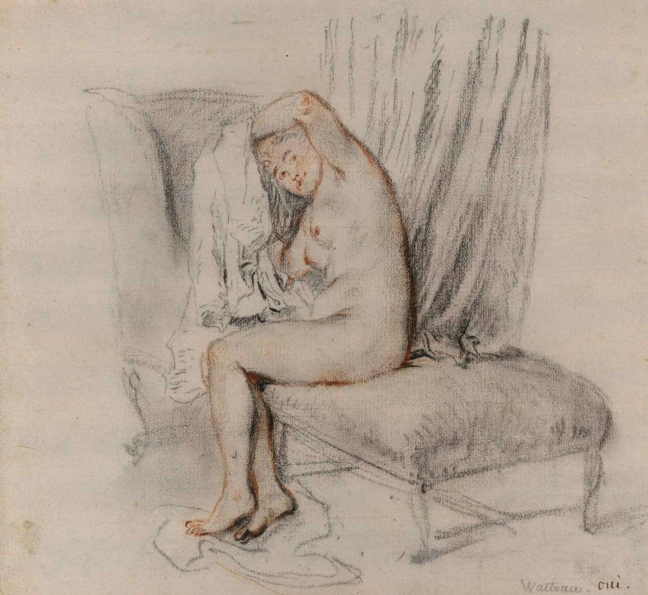 Nude Woman Removing Her Shirt, ca 1717 by Jean Antoine Watteau