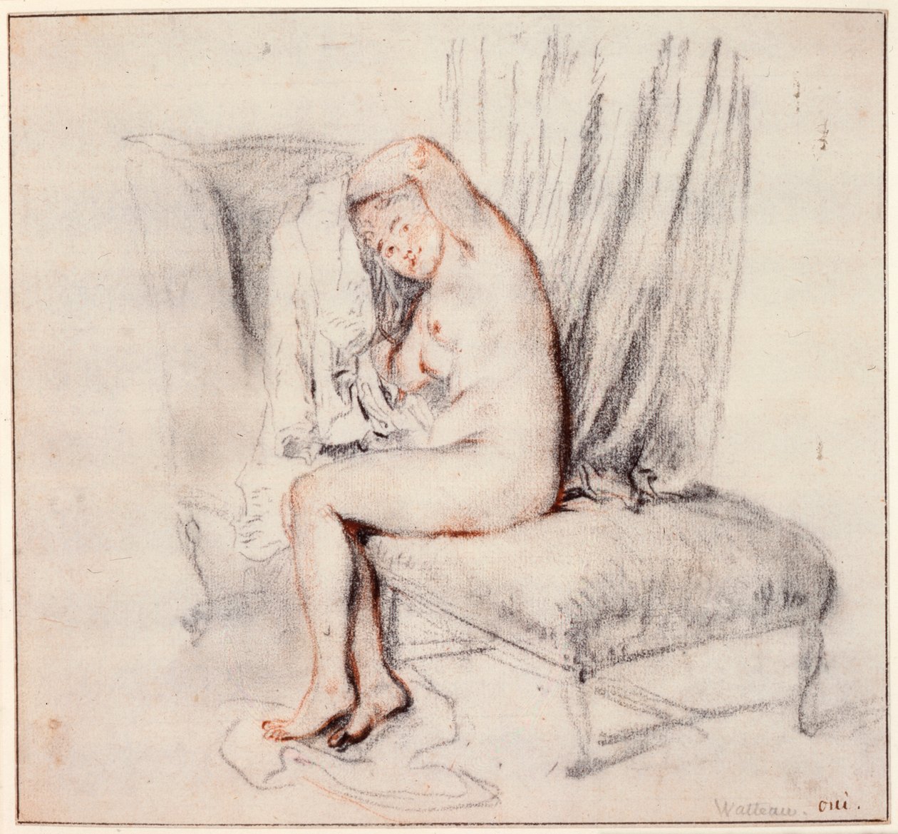 Nude Woman Sitting on a Chaise Longue, Putting on Her Shirt, 18th Century by Jean Antoine Watteau