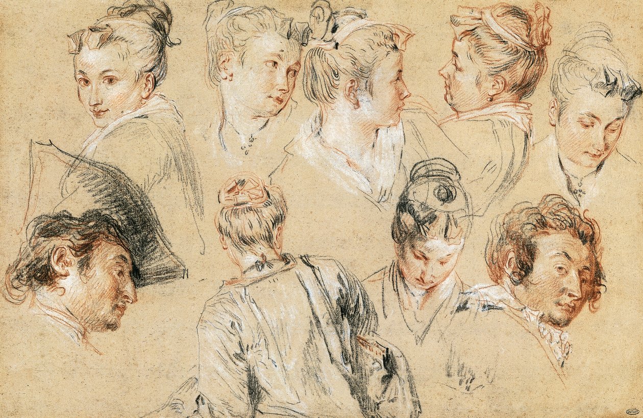 Study of heads, drawing by Jean-Antoine Watteau by Jean Antoine Watteau