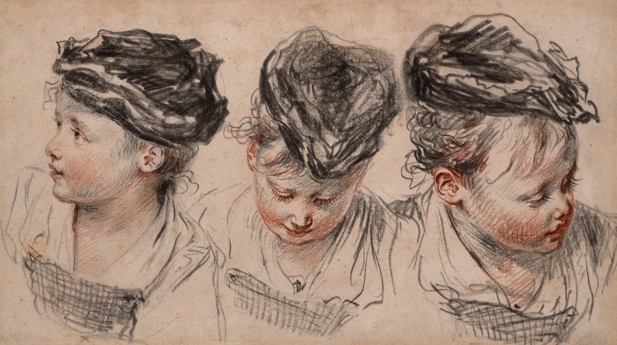 Three head studies of a girl wearing a hat by Jean Antoine Watteau