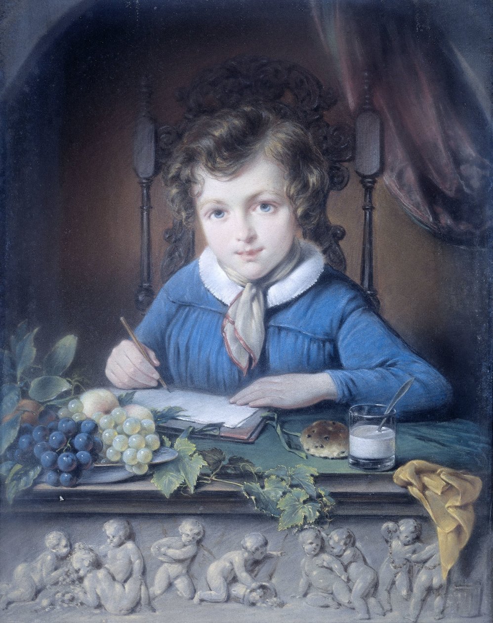 Portrait of a Boy, Sitting in a Window Niche and Dressed in a Blue Jacket by Jean Augustin Daiwaille (attributed to)