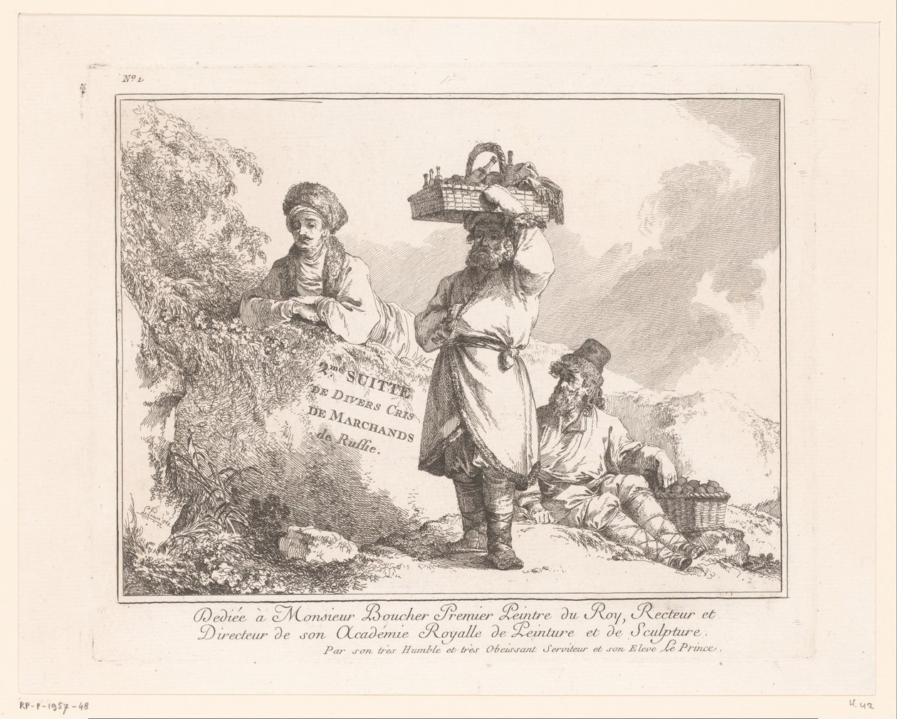 Title Print with Three Street Vendors with Their Goods by a Rock by Jean Baptist Leprince