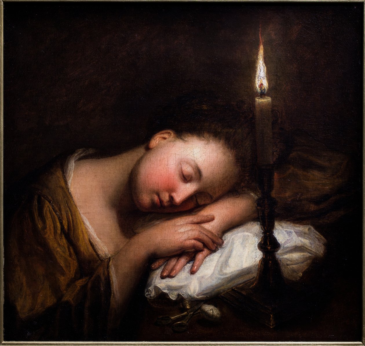 Young Girl Asleep by Candlelight by Jean Baptiste (after) Santerre