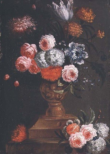 Tulips, Marigolds, Viburnum, Forget-me-nots, Roses and other Flowers in an Urn by Jean Baptiste (attr. to) Bosschaert