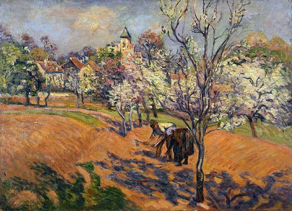 Spring with a couple hoeing and sewing seeds (oil on canvas) by Jean Baptiste Armand Guillaumin