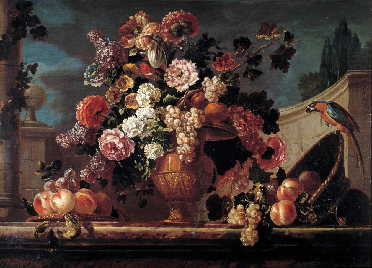 Flowers, fruits and parrots by Jean Baptiste Belin de Fontenay