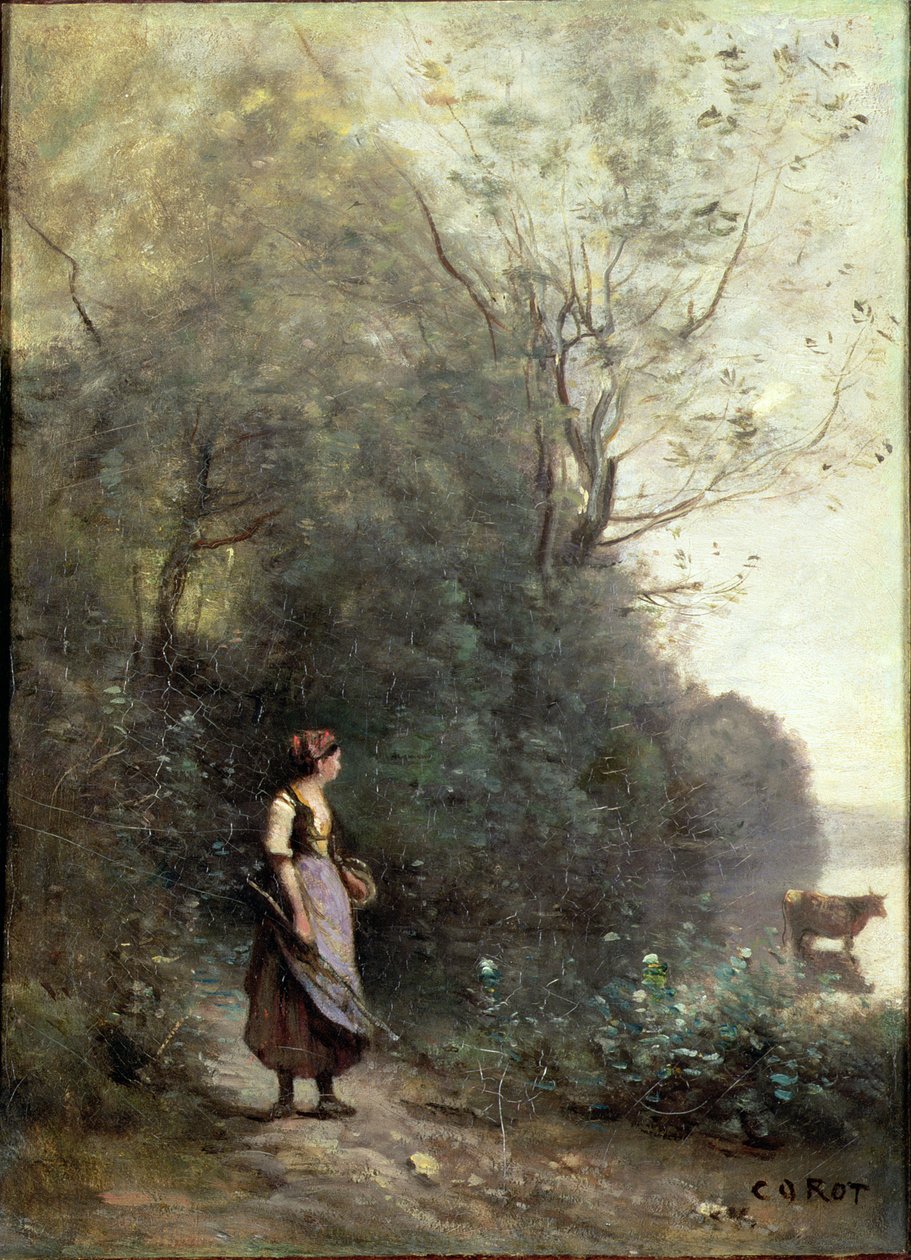A Peasant Woman Grazing a Cow at the Edge of a Forest by Jean Baptiste Camille Corot