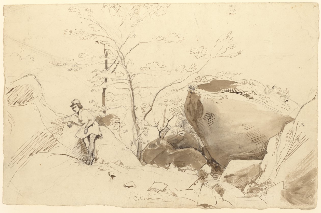 Fontainebleau, Figure Leaning Against a Rock by Jean Baptiste Camille Corot