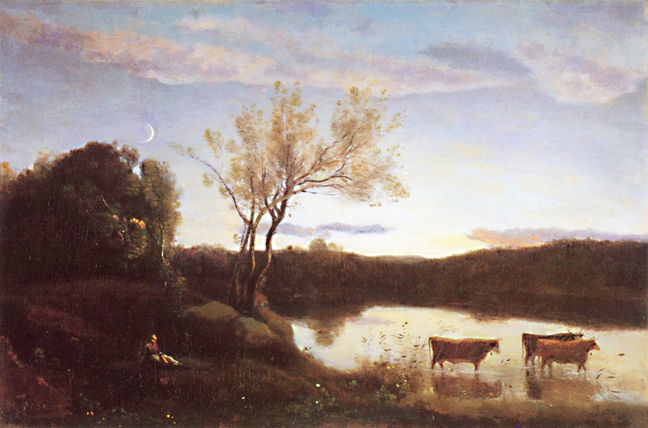 The Pond, Three Cows and a Crescent Moon by Jean Baptiste Camille Corot