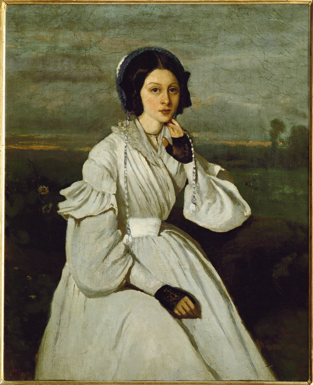 Girl in White Dress in a Landscape by Jean Baptiste Camille Corot