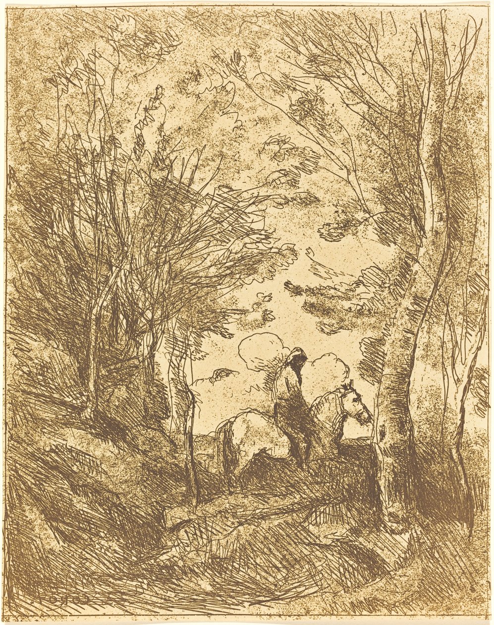 Horseman in the Woods, Large Plate by Jean Baptiste Camille Corot