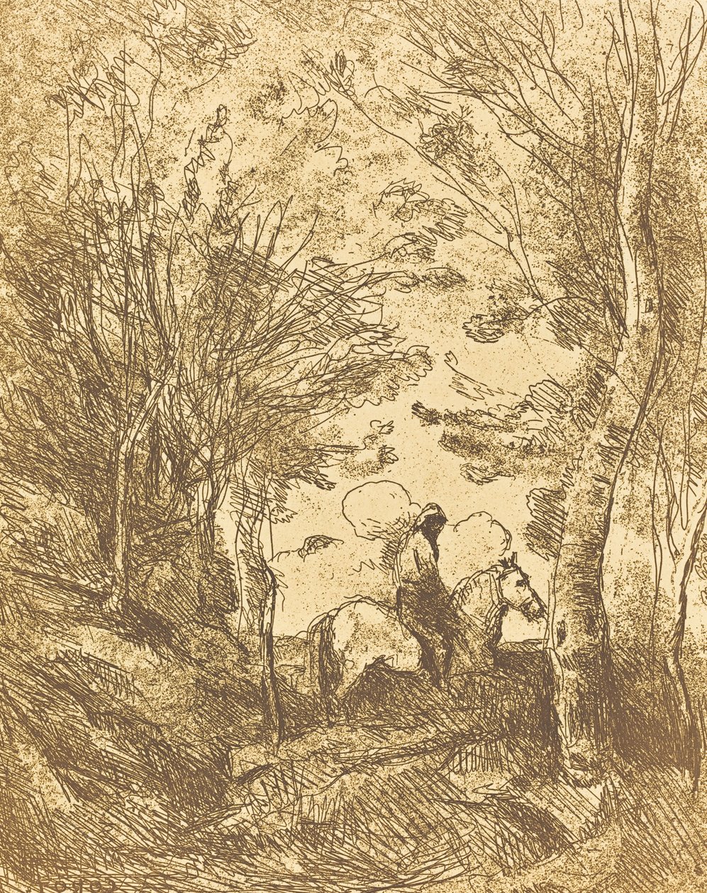 Horseman in the Woods, Large Plate by Jean Baptiste Camille Corot