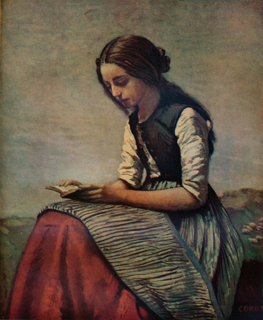 The Little Reader or Young Shepherdess Sitting and Reading by Jean Baptiste Camille Corot