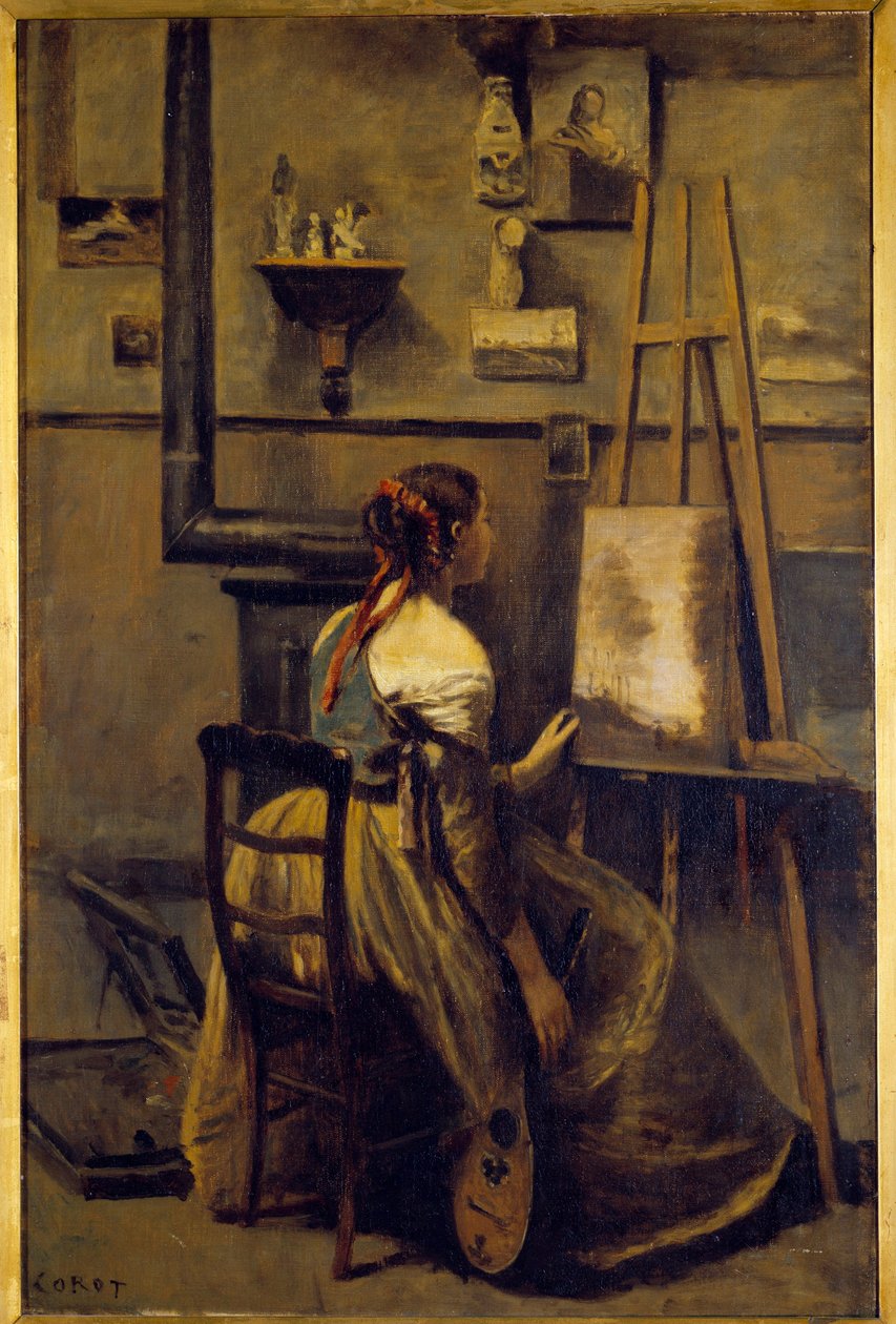 Workshop of Camille Corot, young woman sitting in front of an easel by Jean Baptiste Camille Corot
