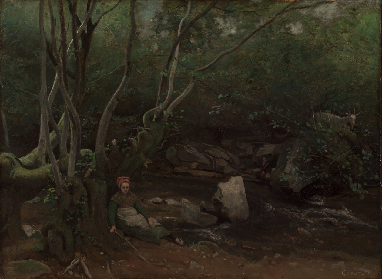 Lormes: Goat-Girl Sitting Beside a Stream in a Forest by Jean Baptiste Camille Corot
