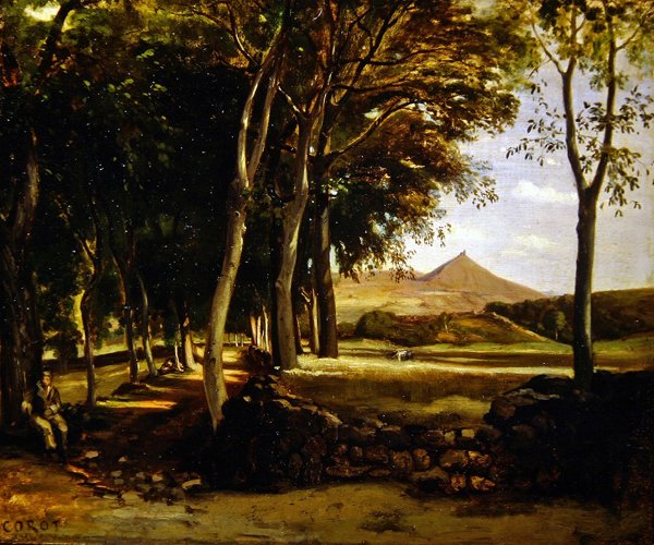 Mountain landscape seen through an avenue of trees by Jean Baptiste Camille Corot