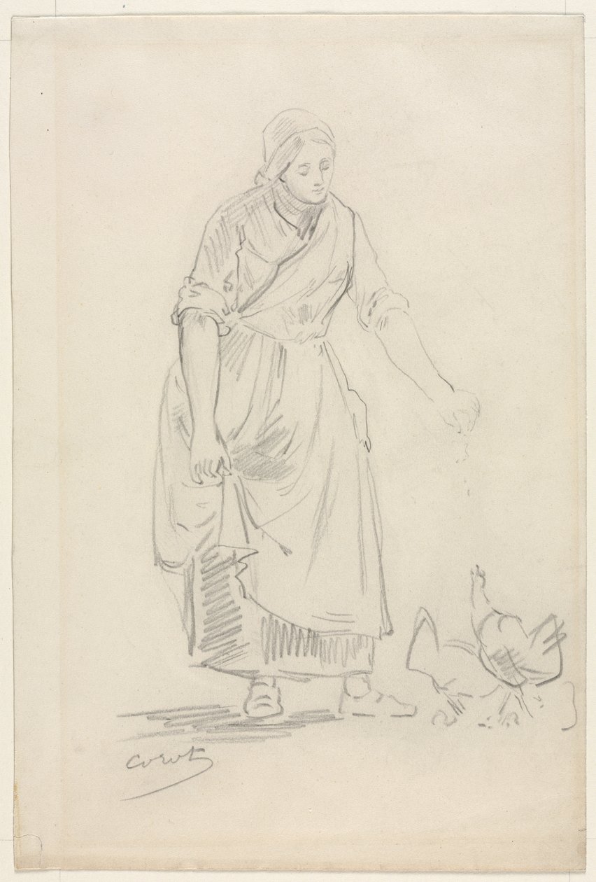 Peasant Girl Feeding Chickens by Jean Baptiste Camille Corot